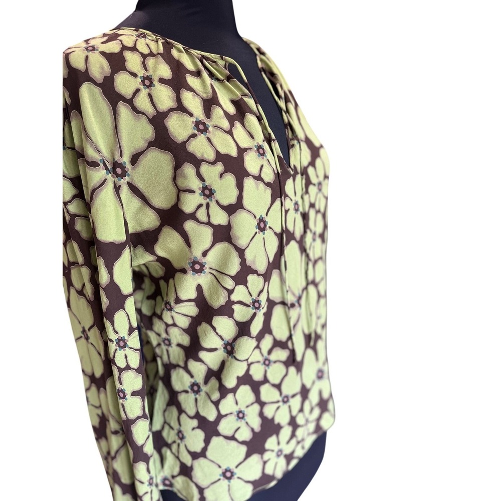 Retro Floral V-Neck Tie Front Blouse Lime Green Brown Long Sleeve Top - Picture 5 of 11